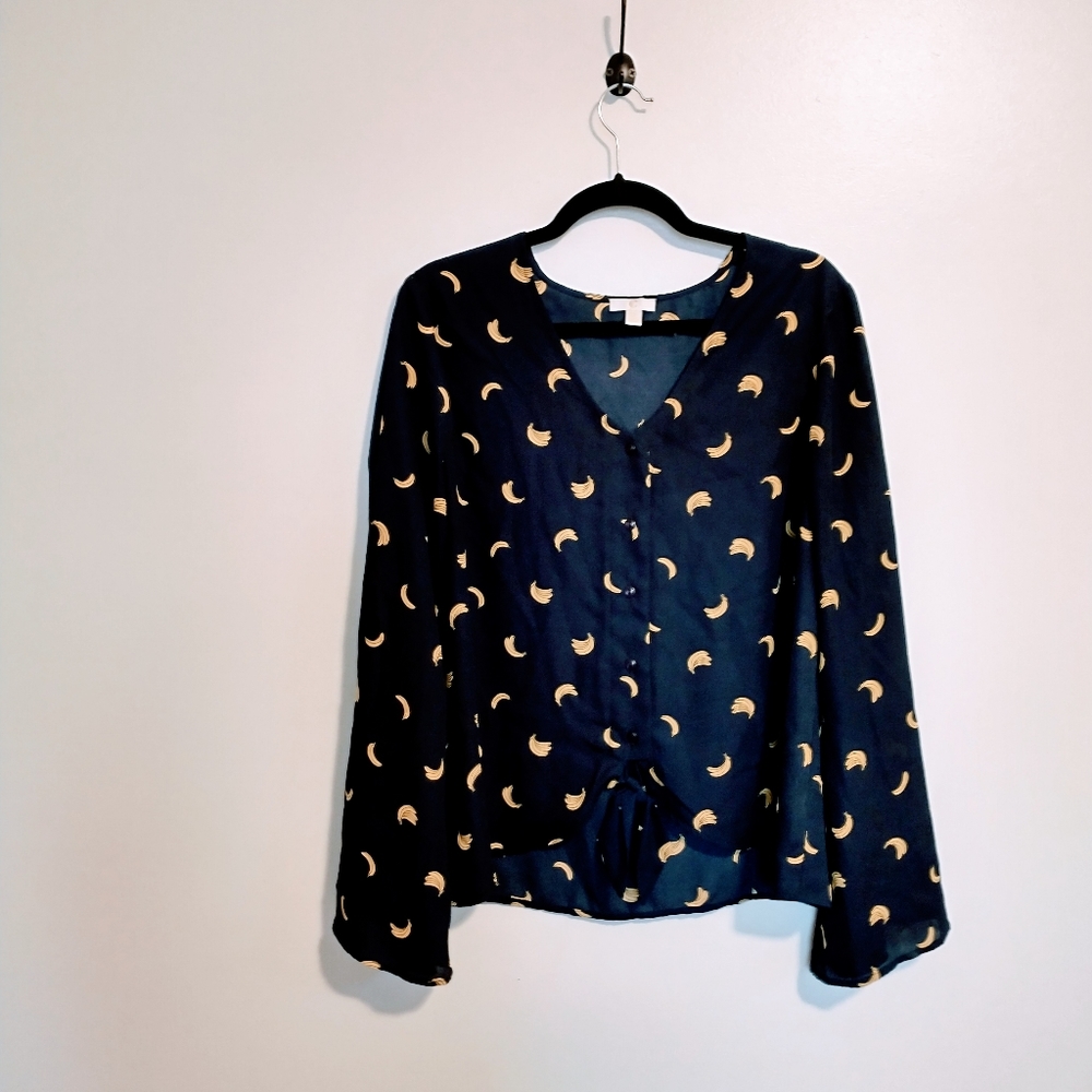 Charming Charlie banana print Navy button up long sleeve top. Size XL